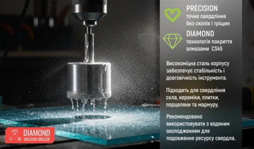 Алмазне корончате свердло Alloid Base GS-50100 100 мм під час свердління скла з водяним охолодженням