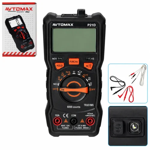 Цифровий мультиметр AVTOMAX P21D CAT II 600V True RMS з функцією NCV, дисплеєм 6000 counts, щупами та термопарою