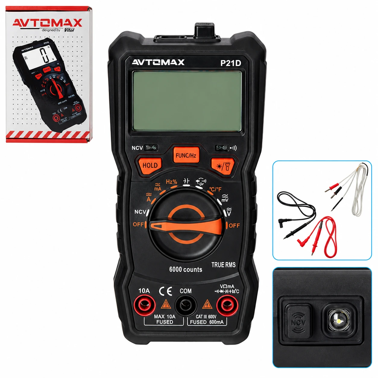 Цифровий мультиметр AVTOMAX P21D CAT II 600V True RMS Цифровий мультиметр AVTOMAX P21D CAT II 600V True RMS з функцією NCV, дисплеєм 6000 counts, щупами та термопарою