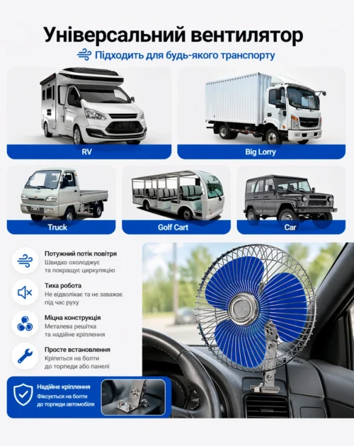 Універсальний вентилятор Vitol HF-305 8" 24 В для вантажівок, автобусів і спецтехніки