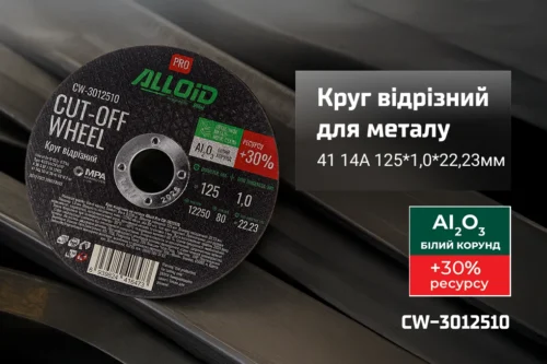 Інформаційний банер відрізного круга Alloid Pro 41 14А 125×1,0×22,23 мм з основними характеристиками та ресурсом +30%