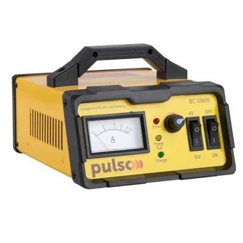Зарядний пристрій PULSO BC-12610 6/12 В, 0–10 А — вигляд під кутом із корпусом та панеллю керування