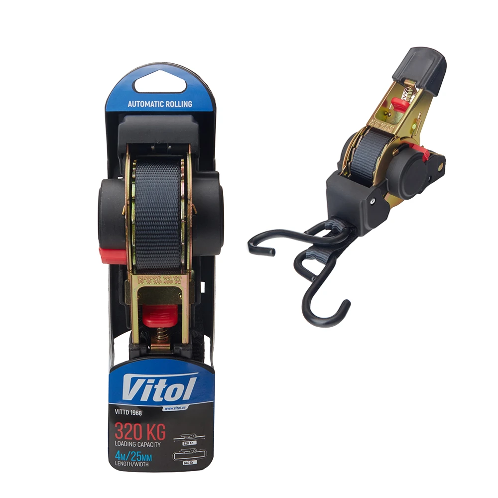 Ремінь стяжний Vitol VITTD 1968 4 м — комплект в упаковці Стяжний ремінь Vitol VITTD 1968 25 мм × 4 м — загальний вигляд ременя та упаковки