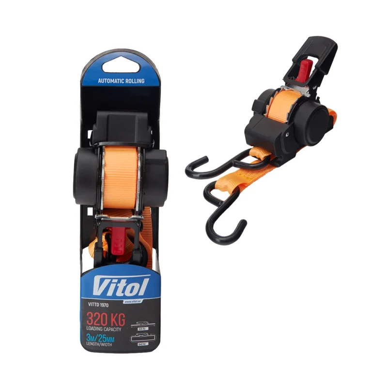 Ремінь стяжний Vitol VITTD 1970 25 мм × 3 м — загальний вигляд ременя та упаковки