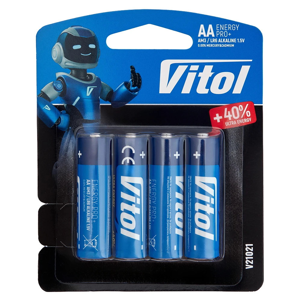 Батарейки Vitol V21021 AA LR06 1.5V — 4 шт. у блістері Батарейки лужні Vitol V21021 AA (LR06) 1.5V — набір із 4 шт. у блістерній упаковці
