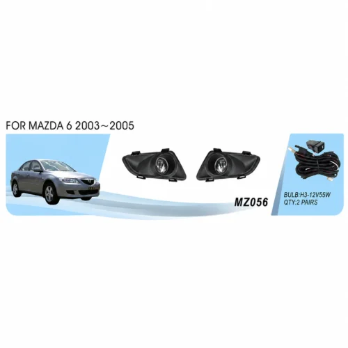 Протитуманні фари DLAA MZ-056 для Mazda 6 2003–2005 з лампами H3 55W — інфографіка сумісності та комплекту