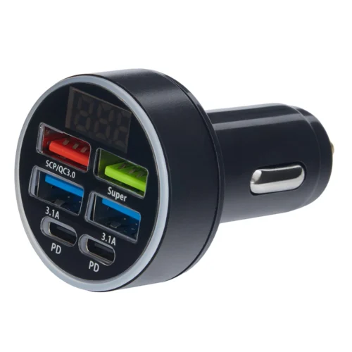 Автомобільна зарядка VOIN C-36211 — передній ракурс портів USB QC3.0 та Type-C PD