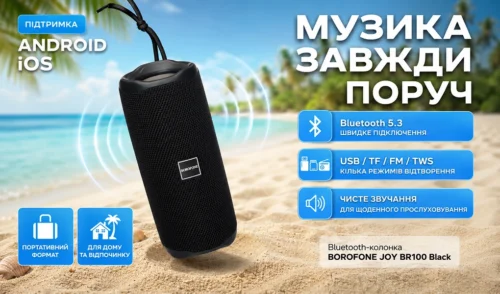 Bluetooth-колонка BOROFONE BR100 JOY Black з Bluetooth 5.3, USB, TF, FM і TWS на рекламному банері