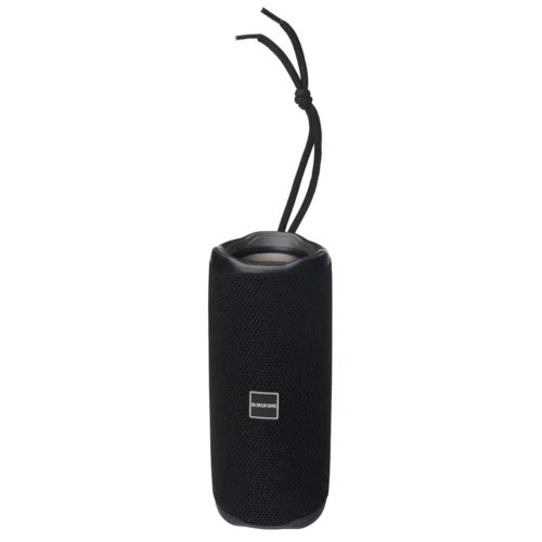 Bluetooth-колонка BOROFONE BR100 JOY Black з TWS та FM — фронтальний вигляд зі шнурком для носіння