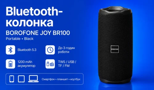 Bluetooth-колонка BOROFONE BR100 JOY Black — інфографіка з Bluetooth 5.3, 1200 mAh, TWS, USB, TF і FM