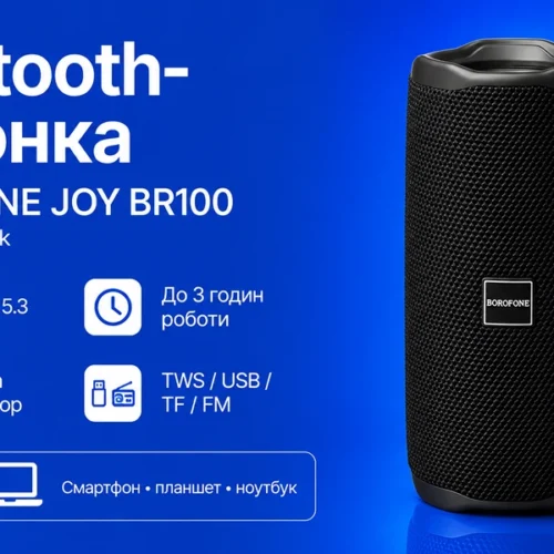 Bluetooth-колонка BOROFONE BR100 JOY Black — інфографіка з Bluetooth 5.3, 1200 mAh, TWS, USB, TF і FM