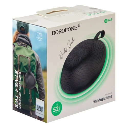 Bluetooth-колонка BOROFONE BR48BK 52 мм Bluetooth 5.4 — коробка та зовнішній вигляд пристрою