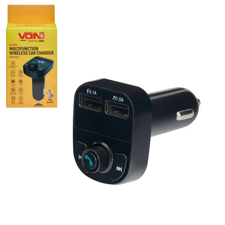 FM-модулятор VOIN W-3308 Bluetooth 5.0 з Hands-free та 2 USB 3.1A — загальний вигляд із упаковкою