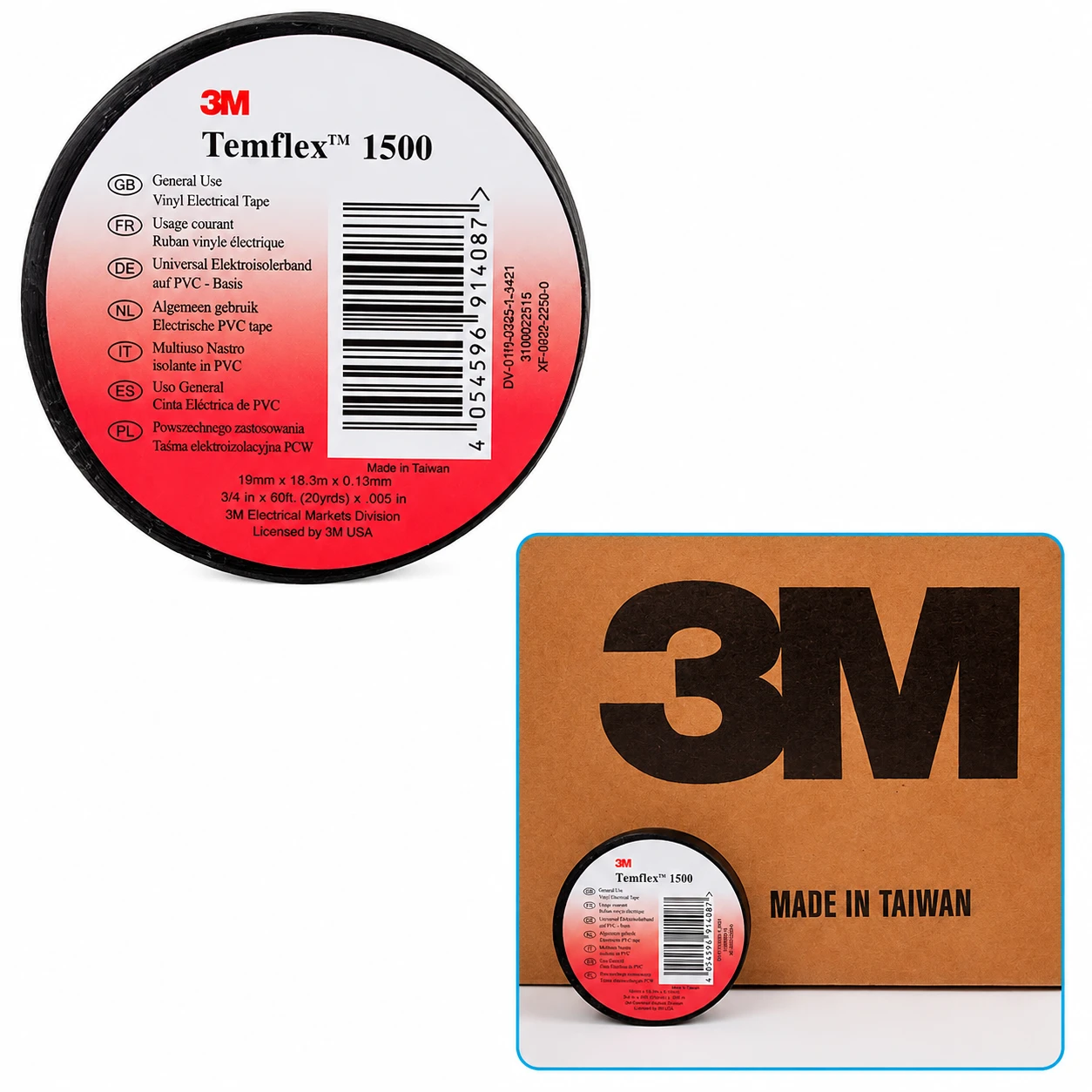 Ізолента 3M Temflex 1500 19 мм × 20 м — зворотна сторона упаковки Ізолента 3M Temflex 1500 ПВХ 19 мм × 20 м чорна — зворотна сторона упаковки зі штрихкодом