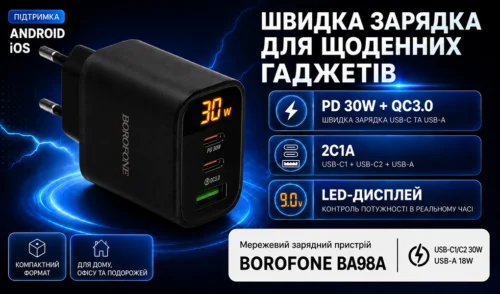 Банер BOROFONE BA98A Black для щоденних гаджетів з PD 30W, QC3.0, 2C1A та LED-дисплеєм