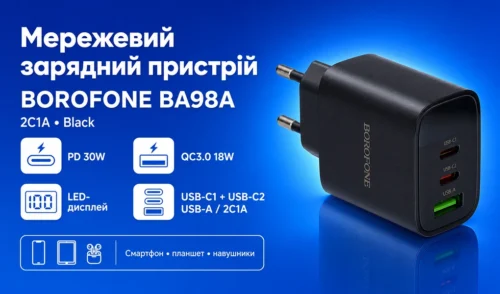 Синій банер BOROFONE BA98A Black із характеристиками PD 30W, QC3.0, USB-C та USB-A