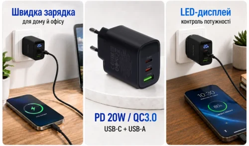 Інфографіка BOROFONE BA98A Black про швидку зарядку PD 30W/QC3.0 та LED-дисплей
