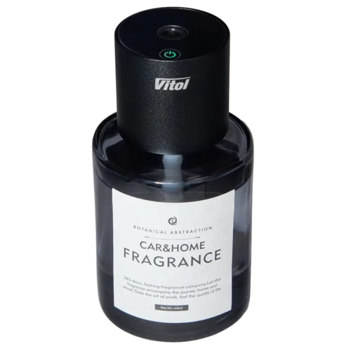 Аромадіфузор Car&Home VITOL SL83 160 мл у ракурсі зверху з флаконом, чорним модулем і кнопкою живлення