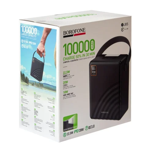 Фірмова упаковка повербанка Borofone BJ85 100000 mAh з описом функцій і характеристик