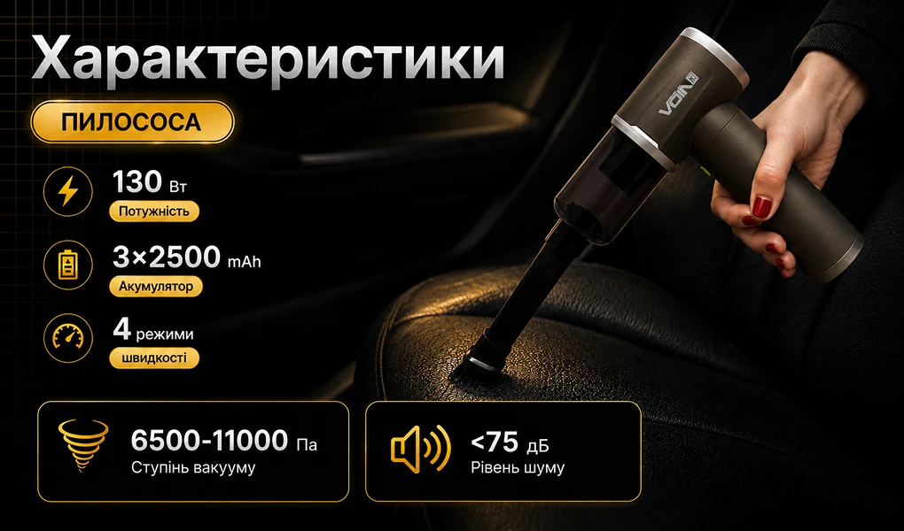 Інформаційний банер характеристик VOIN V-85CL з потужністю 130 Вт, вакуумом до 11000 Па та 4 режимами
