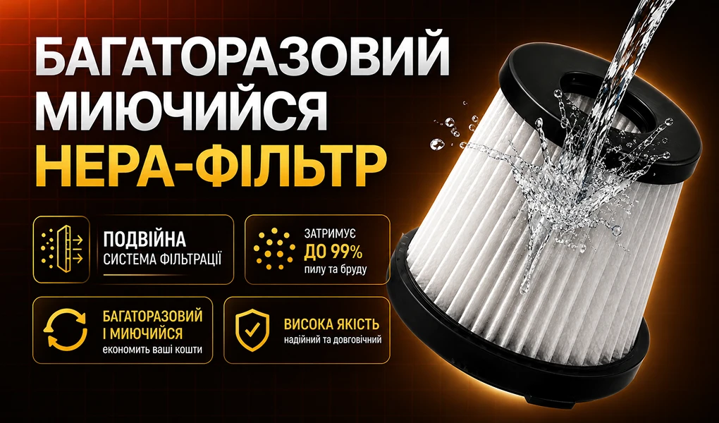 Інформаційний банер багаторазового миючого HEPA-фільтра VOIN V-85CL з подвійною системою фільтрації
