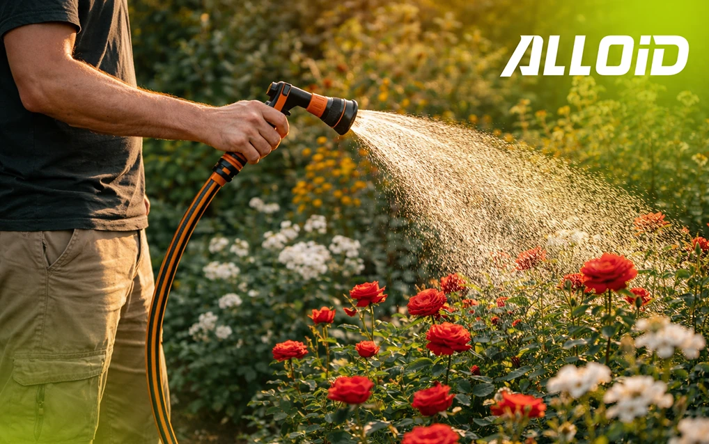 Армований садовий шланг Alloid Pro Honey Bee WH-67656 3/4″ 20 м у роботі — полив квітника ручним розпилювачем