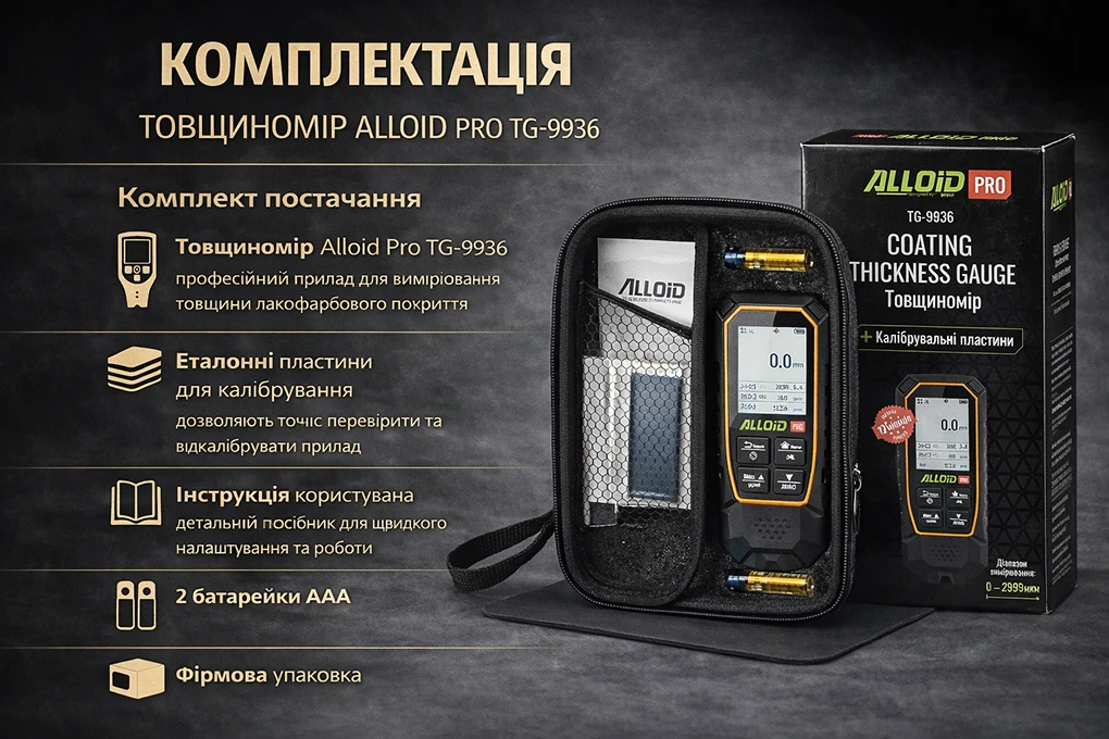 Інфографіка комплектації Alloid Pro TG-9936: товщиномір фарби, еталонні пластини, чохол, інструкція й батарейки