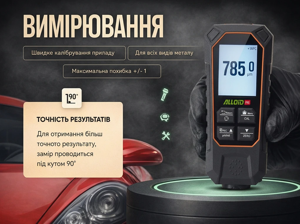 Інфографіка вимірювання товщини фарби Alloid Pro TG-9936 на металі під кутом 90°