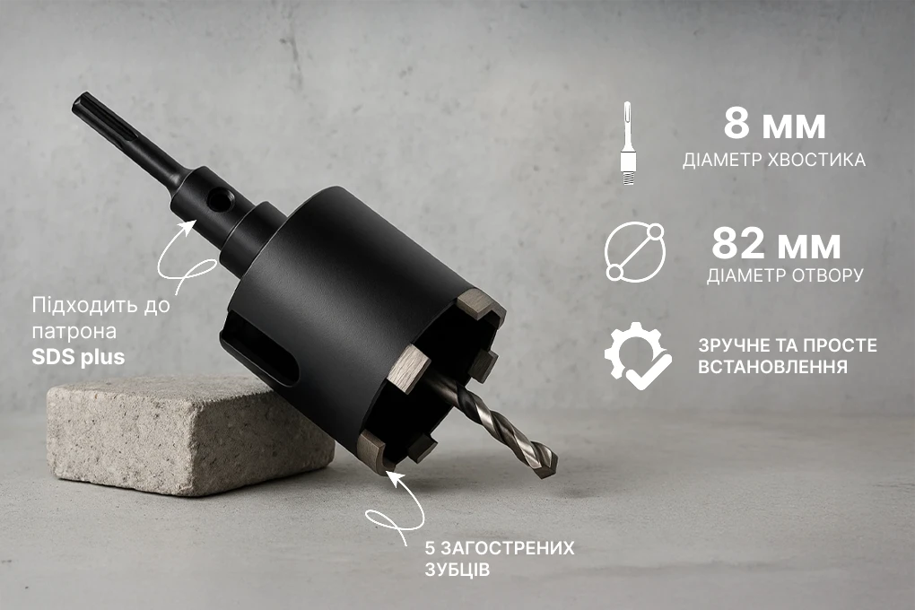 Алмазна коронка Alloid Pro SDS-plus 82 мм — інфографіка з основними характеристиками та сумісністю SDS-plus
