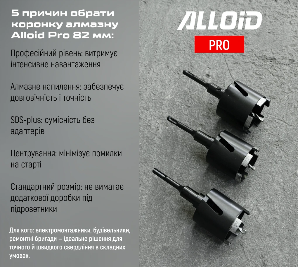 Інфографіка з перевагами алмазної коронки Alloid Pro SDS-plus 82 мм для професійного свердління бетону