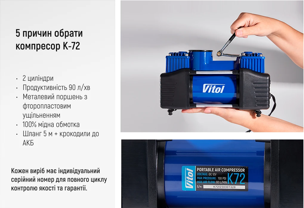 Інфографіка з основними перевагами автомобільного компресора Vitol K-72 150 PSI 90 л/хв