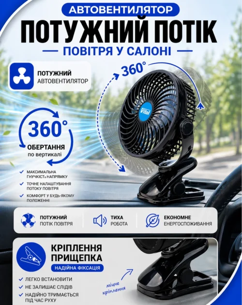 Автомобільний вентилятор Vitol HF-372-12 7" 12 В — регулювання напрямку повітряного потоку на 360°