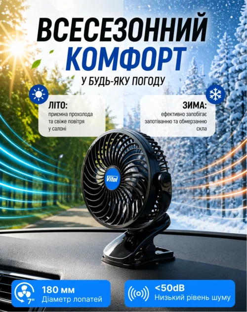 Автомобільний вентилятор Vitol HF-372-12 7" 12 В — комфорт у салоні автомобіля влітку та взимку