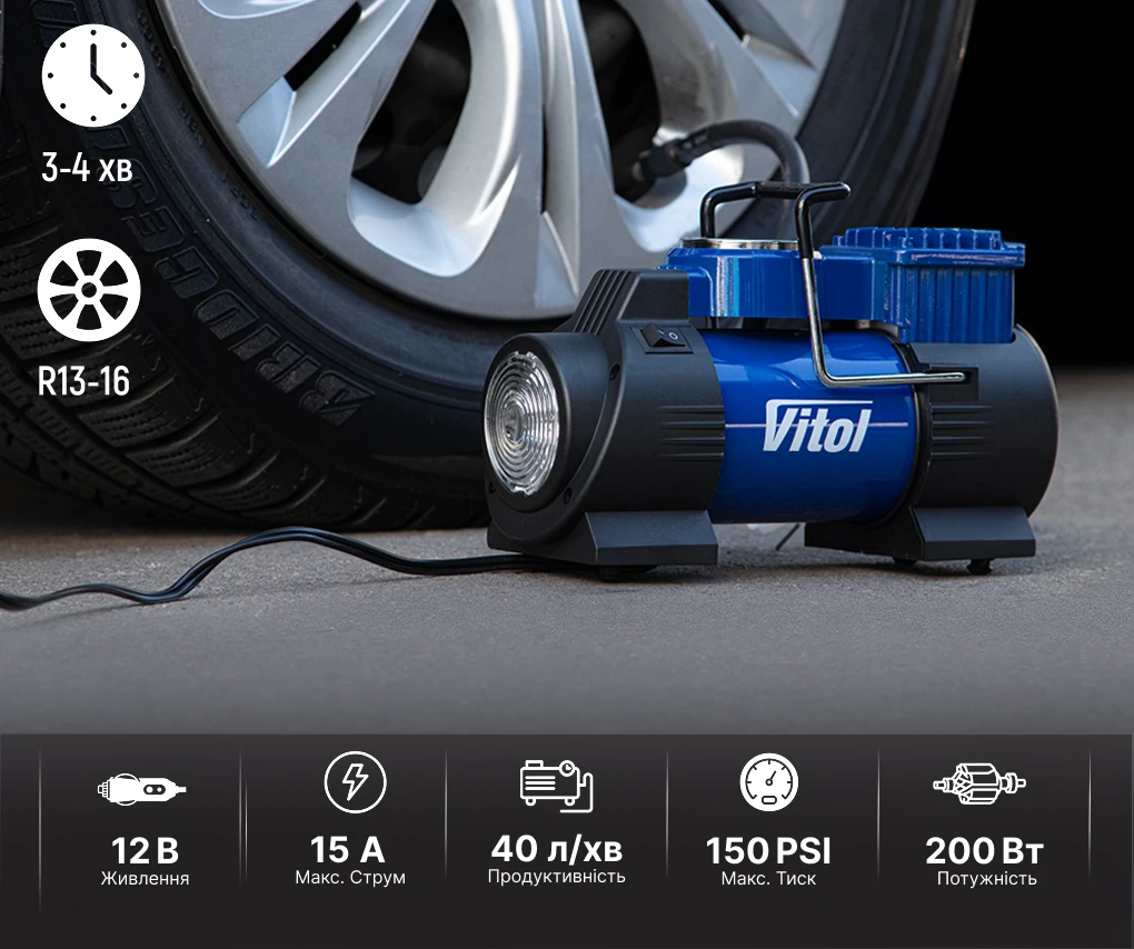 Автомобільний компресор Vitol K-60 40 л/хв 150 PSI підключений до колеса автомобіля під час накачування