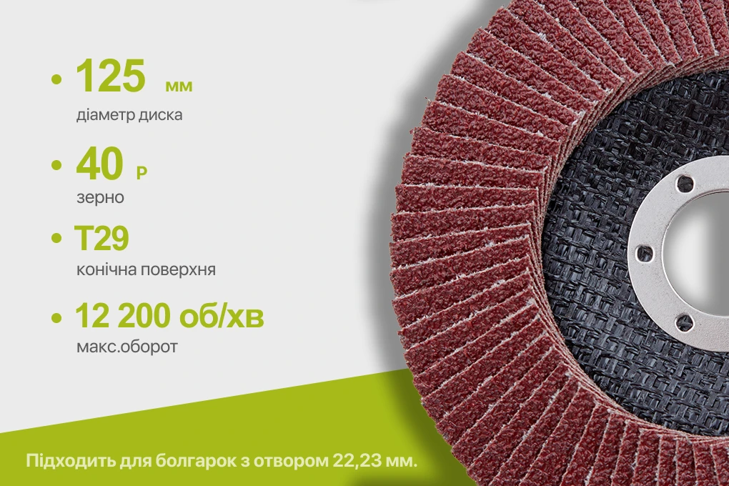 Параметри круга Alloid T29 125 мм P40 для опису: діаметр, зернистість, тип і оберти