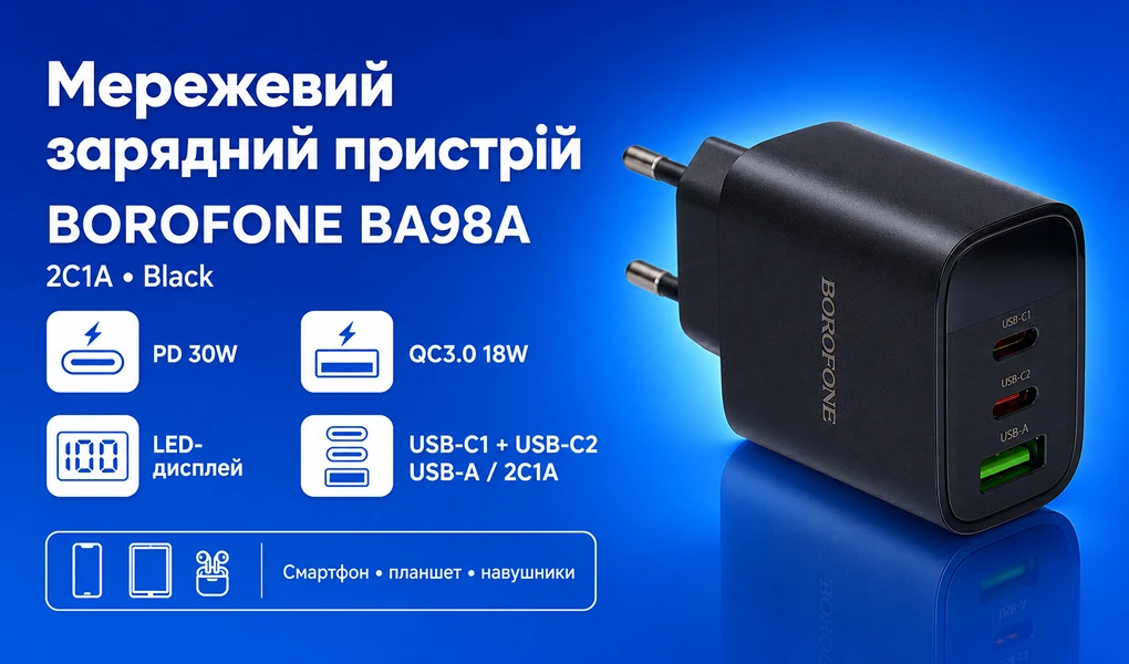 Описовий синій банер BOROFONE BA98A Black з характеристиками 2C1A, PD 30W, QC3.0 та портами