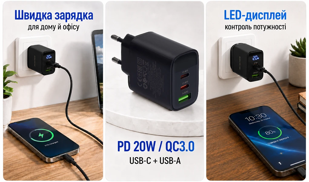 Описове зображення BOROFONE BA98A Black зі швидкою зарядкою PD 30W/QC3.0 та LED-дисплеєм