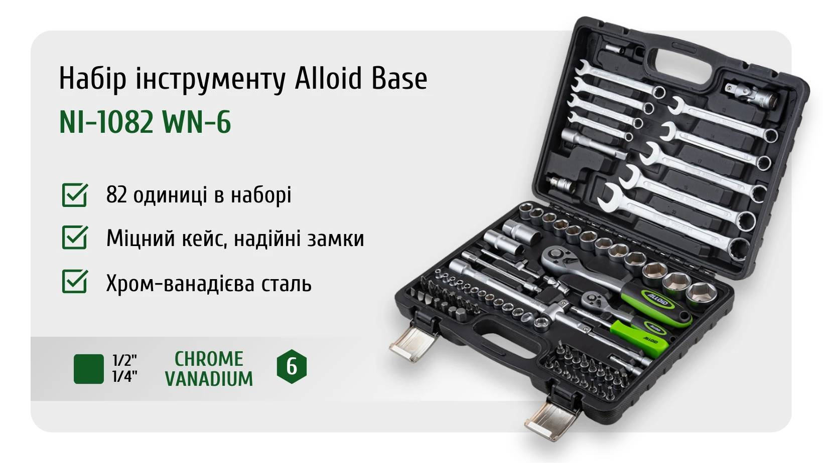 Інфографіка набору інструментів Alloid NI-1082 WN-6 на 82 предмети — основні переваги, кейс, CrV сталь та приводи 1/2 і 1/4