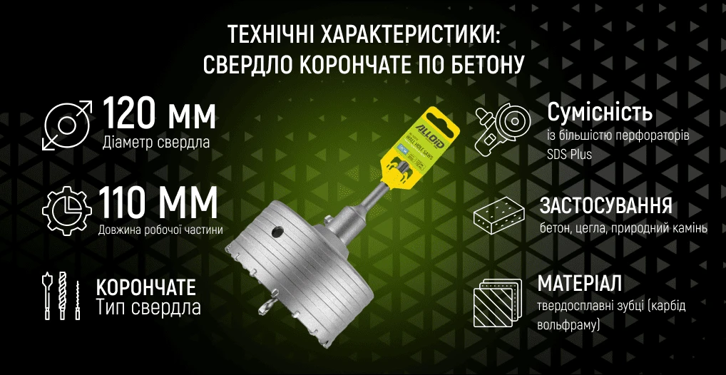 Технічні характеристики свердла корончатого Alloid SDS Plus 120 мм, глибина 110 мм — діаметр, сумісність і матеріали