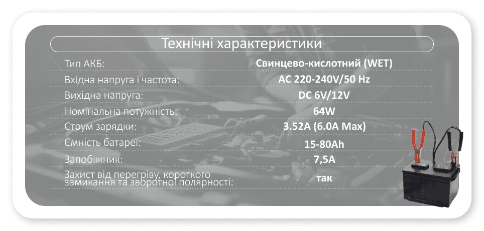 Технічні характеристики зарядного пристрою Pulso BC-15860 6/12В 6А для акумуляторів 15–80Ah