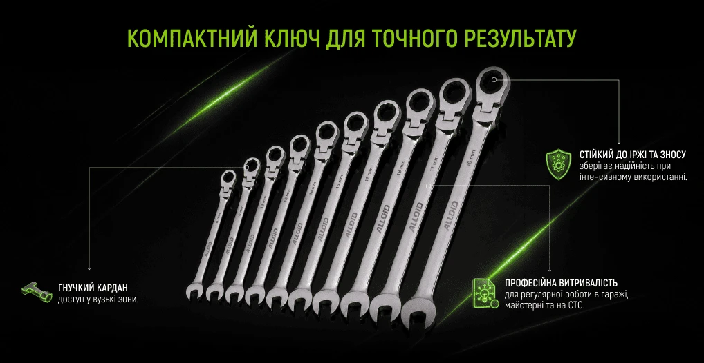 Alloid KT-2081-18K 18 мм — комбінований тріскачковий ключ з карданом, хром-ванадієва сталь