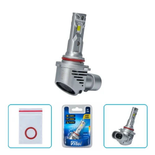 LED-лампа VITOL LV1-HB3/HB4 CSP 3570 35W 6000K — загальний вигляд, упаковка та додаткове кільце