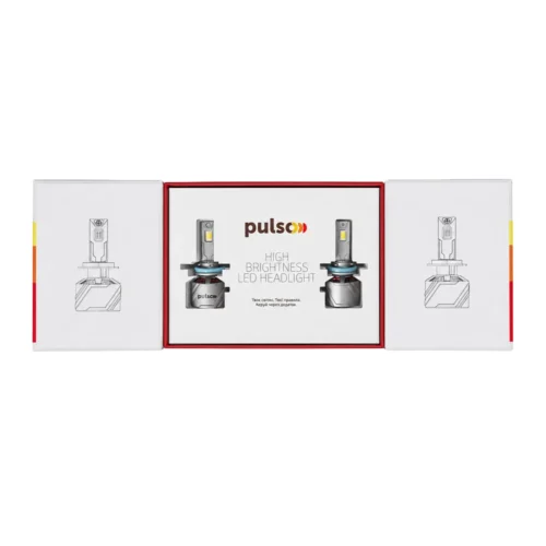 LED-лампи PULSO LC15-H11 H11 2×85 Вт — розкрита упаковка з демонстраційними зображеннями комплекту