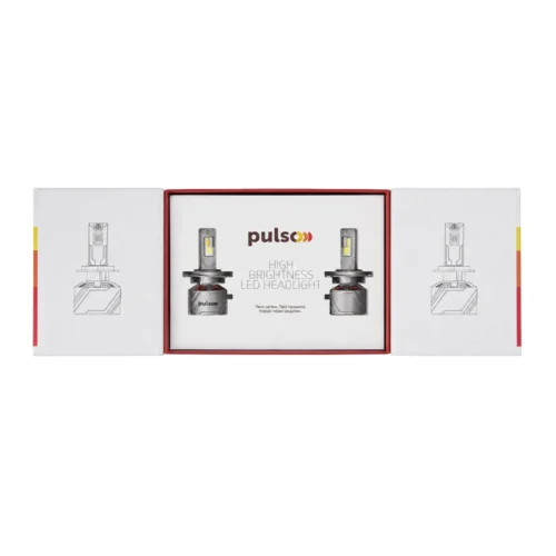 LED лампи PULSO LC15-H4 17000 лм — відкрита фірмова упаковка з ілюстраціями автомобільних ламп