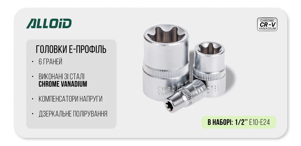 Головки E-профілю Alloid E10–E24 із 6 гранями, сталь Chrome Vanadium та дзеркальне полірування
