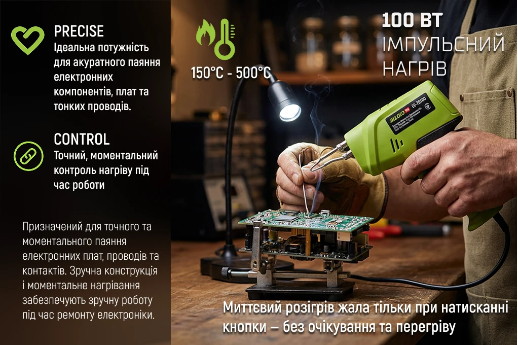 Паяльник Alloid Pro ES-70100 100 Вт — імпульсний нагрів 150–500 °C та точне паяння електроніки