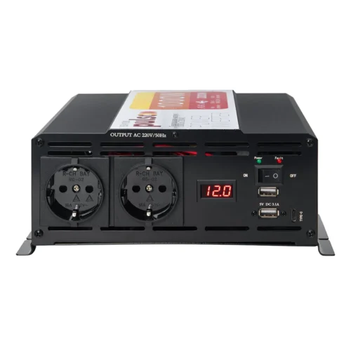 Перетворювач PULSO ISU-1030 1000 Вт 12V-220V — передня панель з розетками 220V, дисплеєм та USB