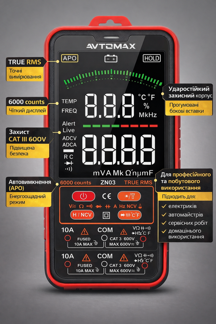 Мультиметр AVTOMAX ZN03 6000 counts True RMS CAT III 600V — основні характеристики