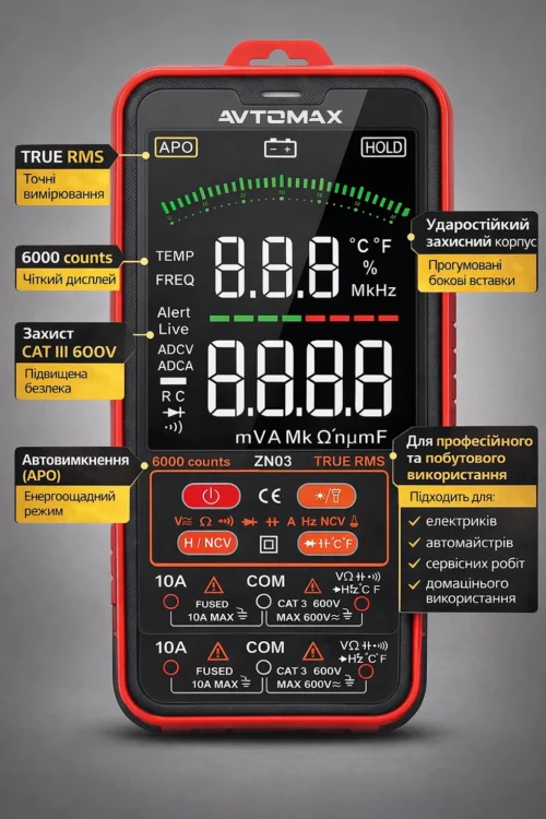 Мультиметр AVTOMAX ZN03 6000 counts True RMS CAT III 600V — характеристики та функції