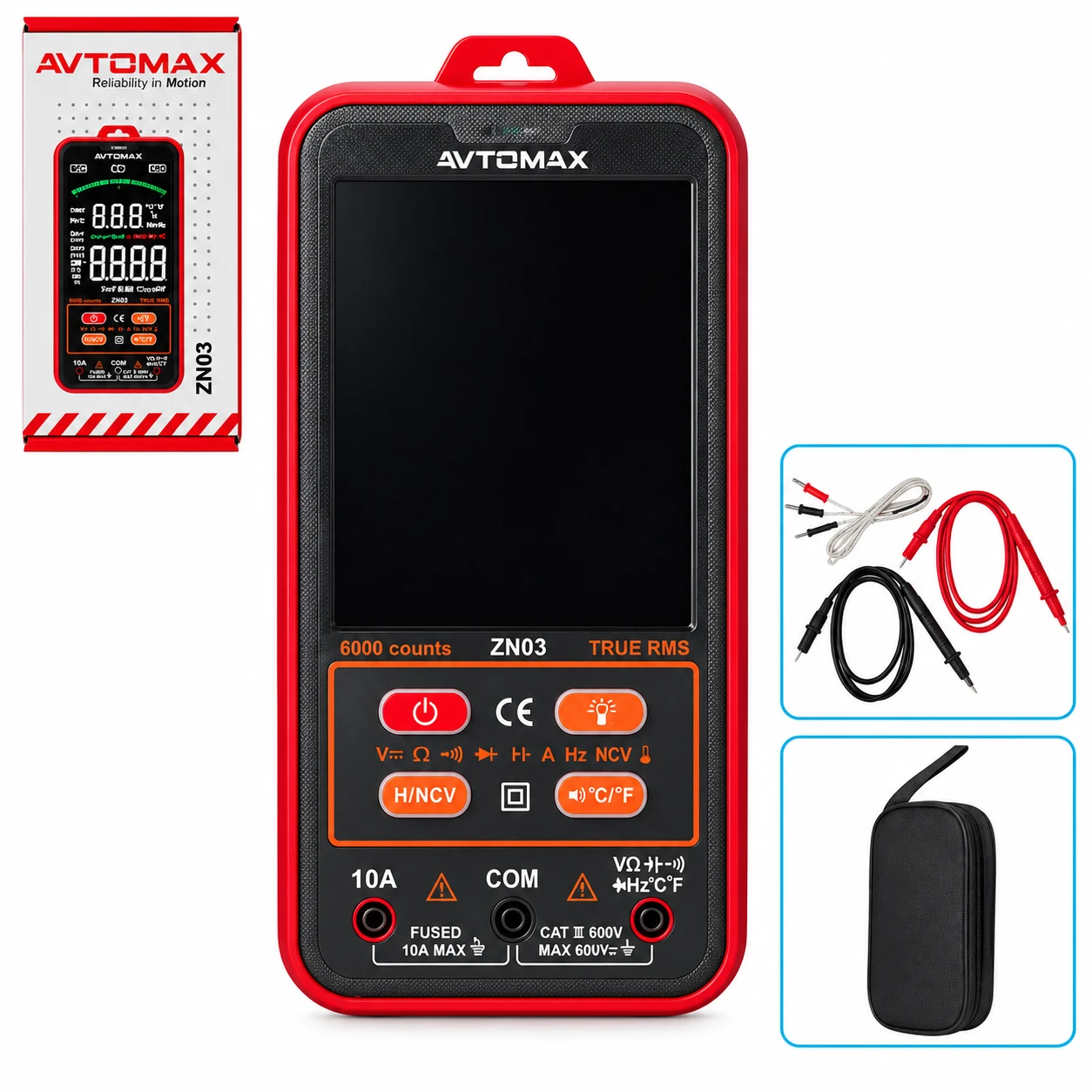 Цифровий мультиметр AVTOMAX ZN03 6000 counts True RMS — комплект Цифровий мультиметр AVTOMAX ZN03 6000 counts True RMS CAT III 600V з щупами та чохлом